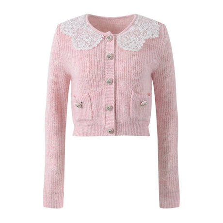 Isabella Cardigan & Skirt Set - Lace Collar - Crystal Buttons - Ribbed Cotton - Flared Silhouette - Cropped Fit