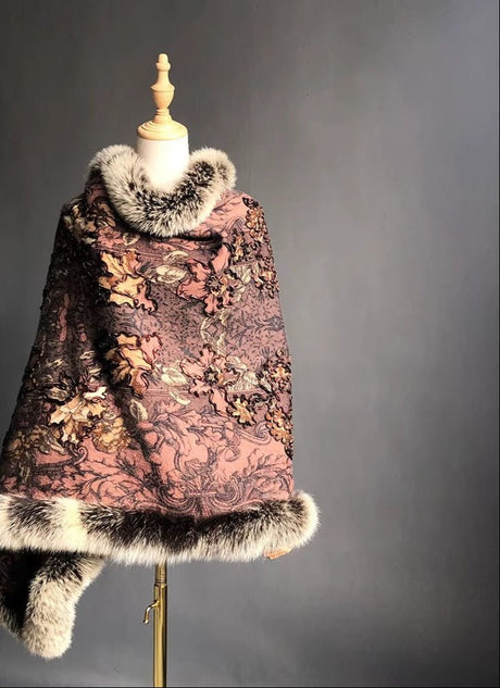 Isabella Cashmere Cape Shawl with Genuine Fox Fur Trim