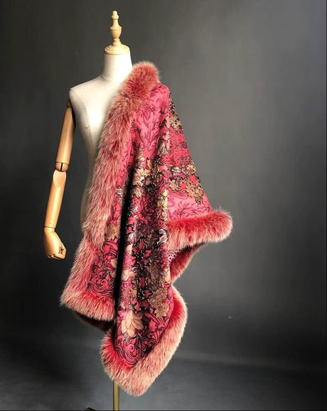 Isabella Cashmere Cape Shawl with Genuine Fox Fur Trim