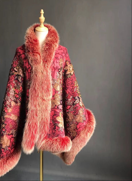 Isabella Cashmere Cape Shawl with Genuine Fox Fur Trim