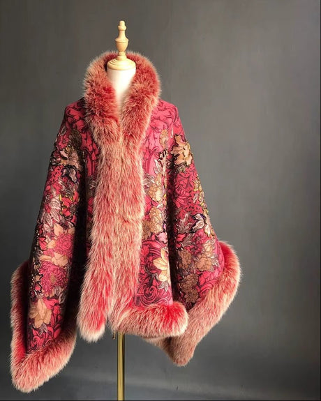 Isabella Cashmere Cape Shawl with Genuine Fox Fur Trim