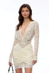 Isabella Ivory Plunge Neck Long Sleeve Floral Lace Mini Dress