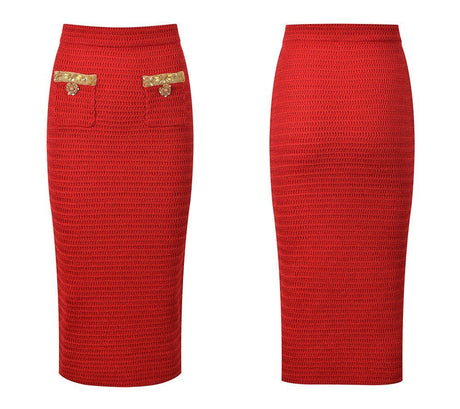 Isabella Jacket and Skirt Set – Textured Knit Design – Gold Decorative Details – Fitted Silhouette