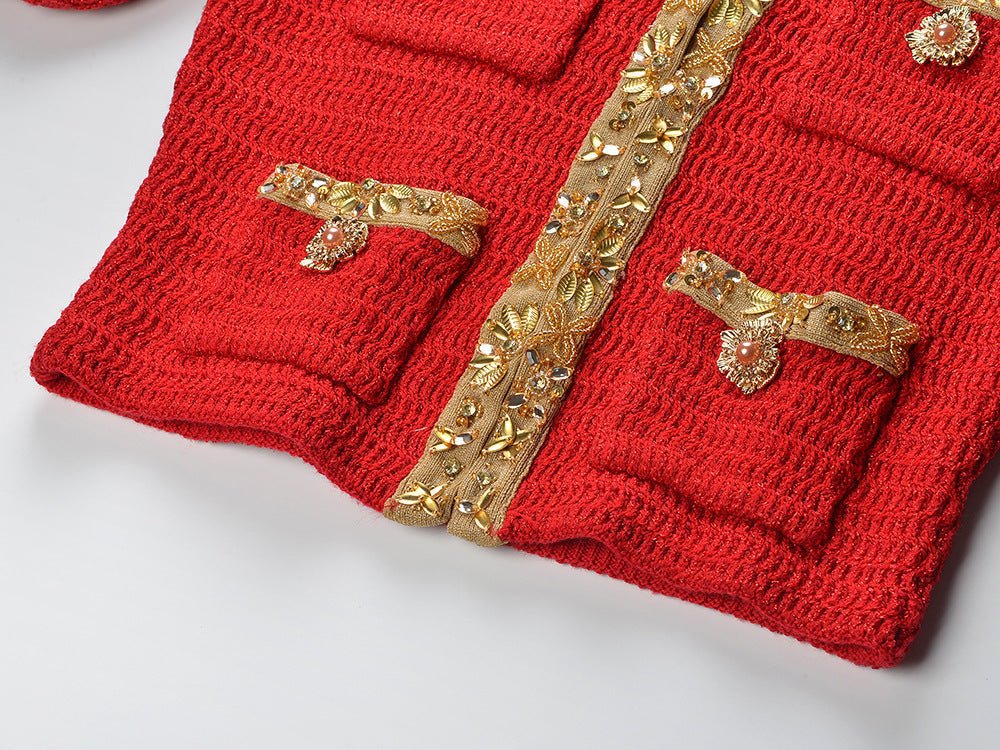 Isabella Jacket and Skirt Set – Textured Knit Design – Gold Decorative Details – Fitted Silhouette
