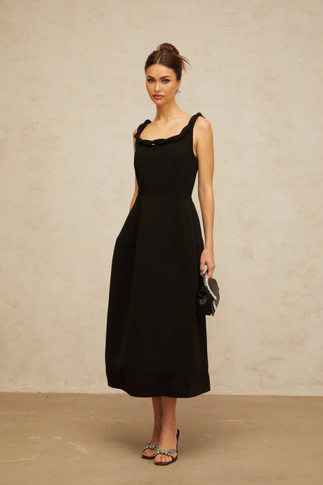 Isabella Midi Dress Black Braided Puff Design
