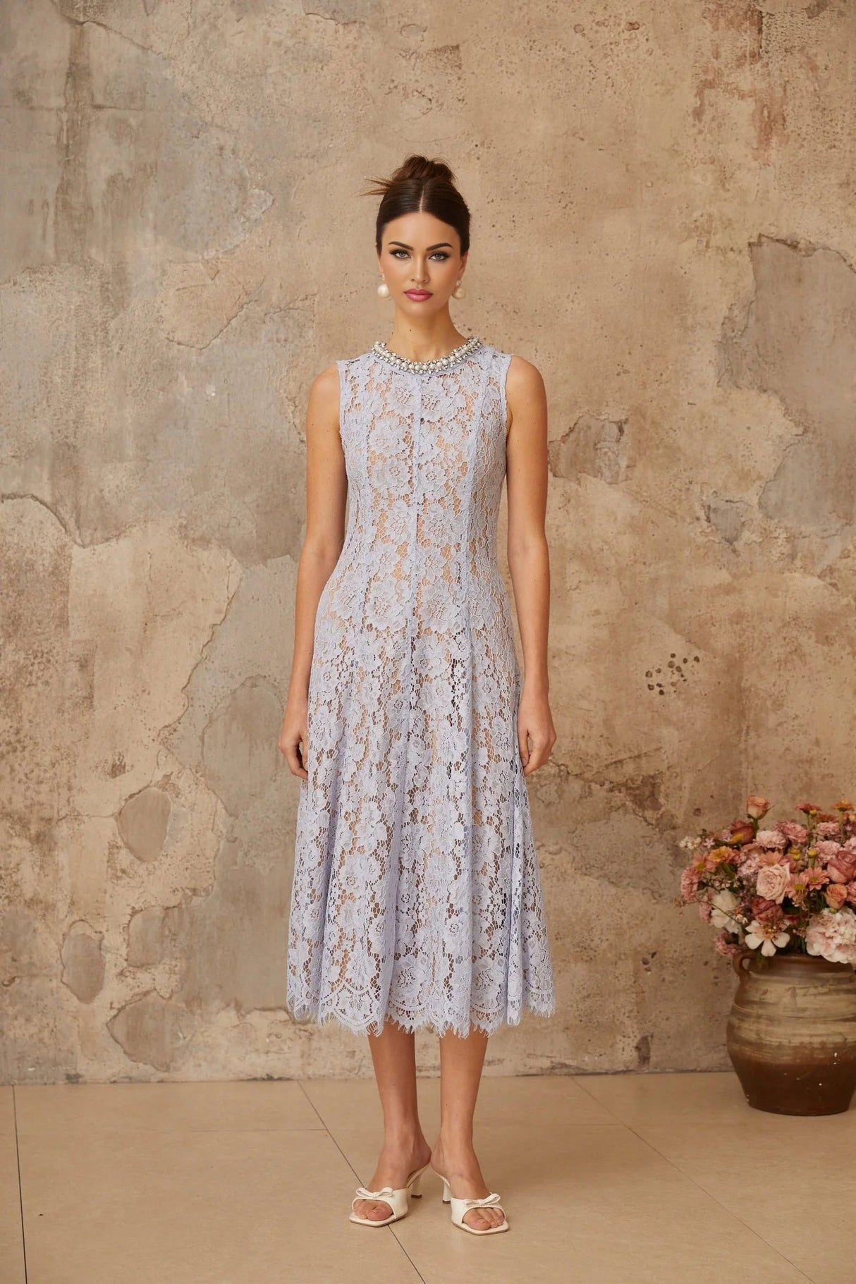 Isabella Midi Dress Blue Lace Crystal Embellished
