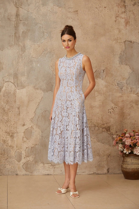 Isabella Midi Dress Blue Lace Crystal Embellished