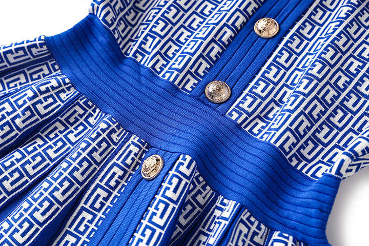 Isabella Midi Dress - Tailored Bodice - Geometric Print - Slim Waist - V - Neckline - Gold - Tone Buttons