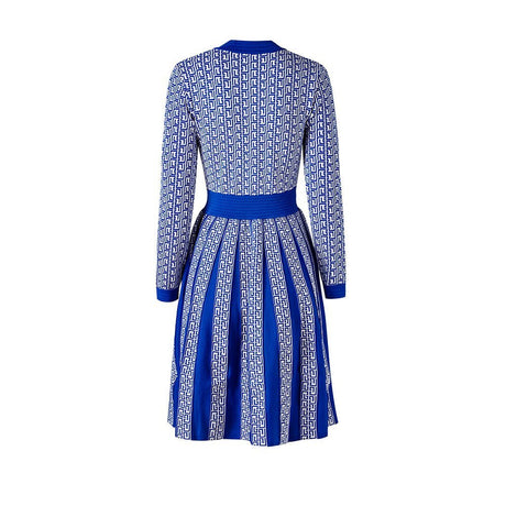 Isabella Midi Dress - Tailored Bodice - Geometric Print - Slim Waist - V - Neckline - Gold - Tone Buttons