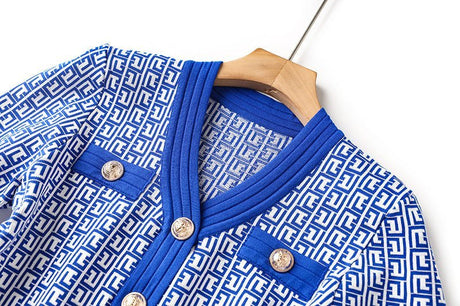 Isabella Midi Dress - Tailored Bodice - Geometric Print - Slim Waist - V - Neckline - Gold - Tone Buttons