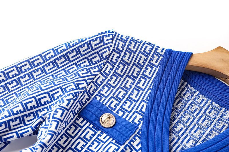 Isabella Midi Dress - Tailored Bodice - Geometric Print - Slim Waist - V - Neckline - Gold - Tone Buttons