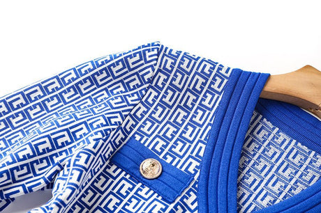 Isabella Midi Dress - Tailored Bodice - Geometric Print - Slim Waist - V - Neckline - Gold - Tone Buttons