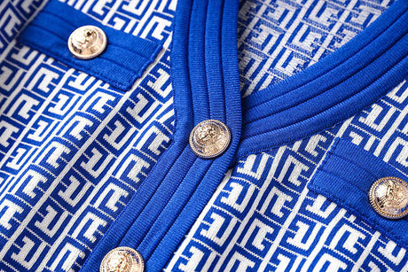 Isabella Midi Dress - Tailored Bodice - Geometric Print - Slim Waist - V - Neckline - Gold - Tone Buttons