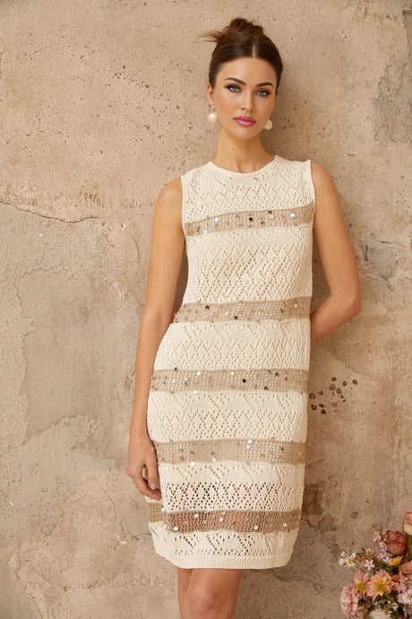 Isabella Mini Dress White Sequined Crochet - Knit