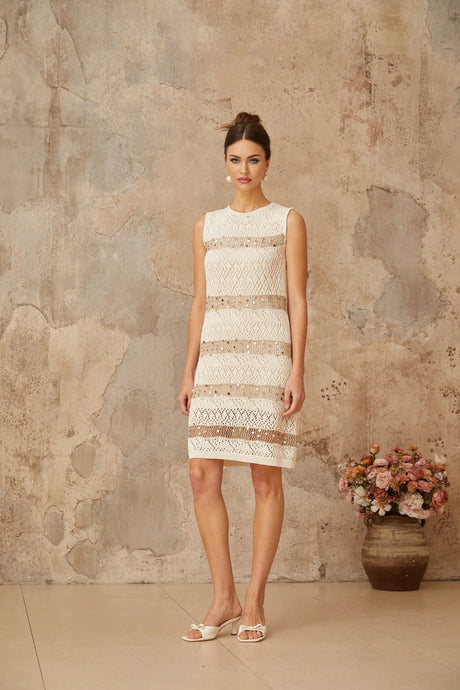 Isabella Mini Dress White Sequined Crochet - Knit