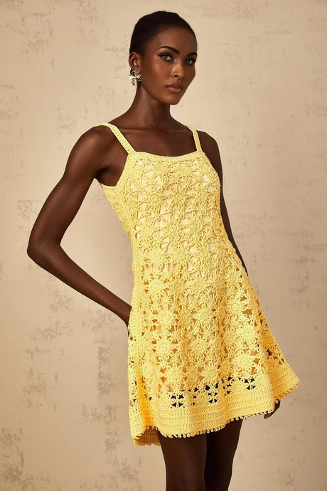 Isabella Mini Dress Yellow Crochet Flare