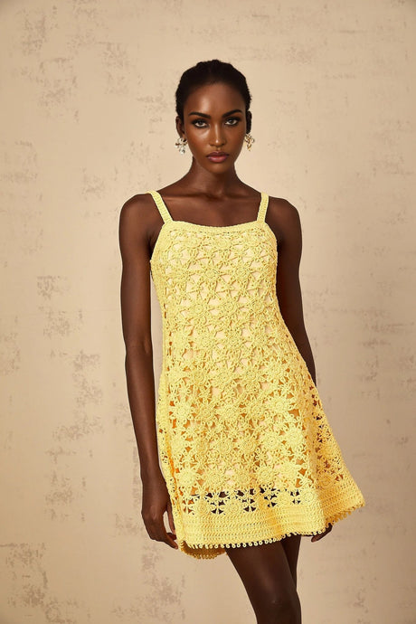 Isabella Mini Dress Yellow Crochet Flare