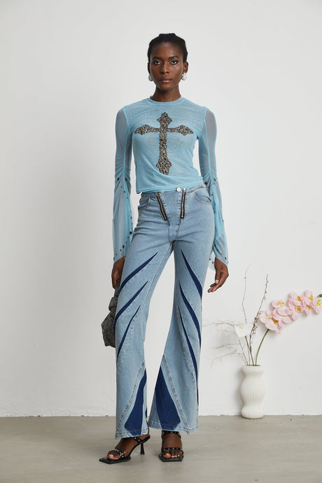 Isabella Top - Long Sleeve - Round Neck - Slit Flare Sleeves - Stud Embellishment