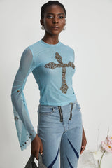 Isabella Top - Long Sleeve - Round Neck - Slit Flare Sleeves - Stud Embellishment