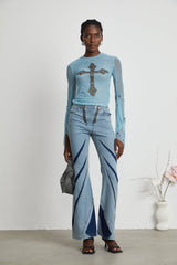 Isabella Top - Long Sleeve - Round Neck - Slit Flare Sleeves - Stud Embellishment
