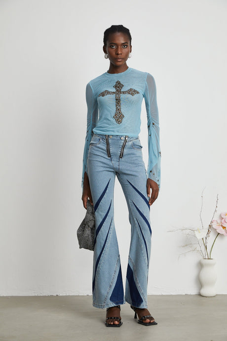 Isabella Top - Long Sleeve - Round Neck - Slit Flare Sleeves - Stud Embellishment