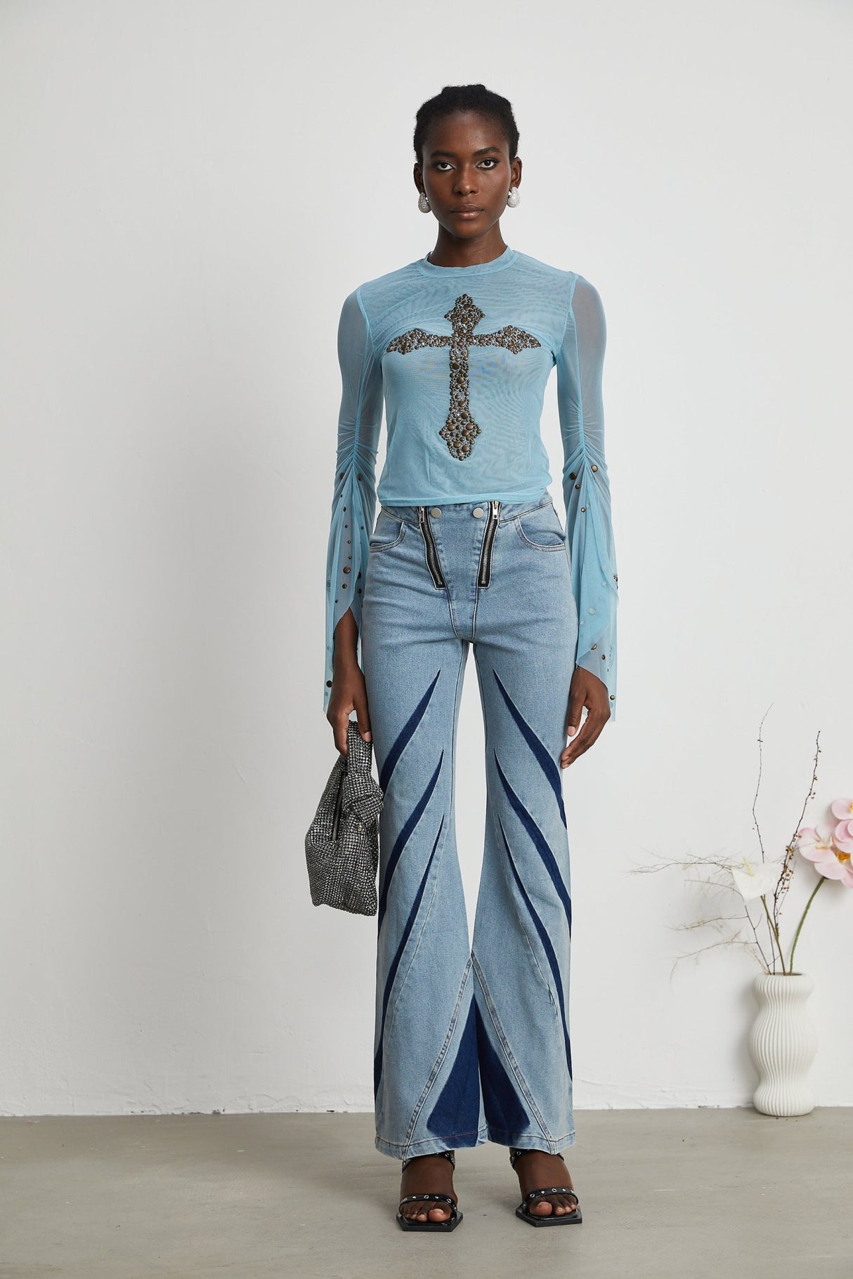 Isabella Top - Long Sleeve - Round Neck - Slit Flare Sleeves - Stud Embellishment