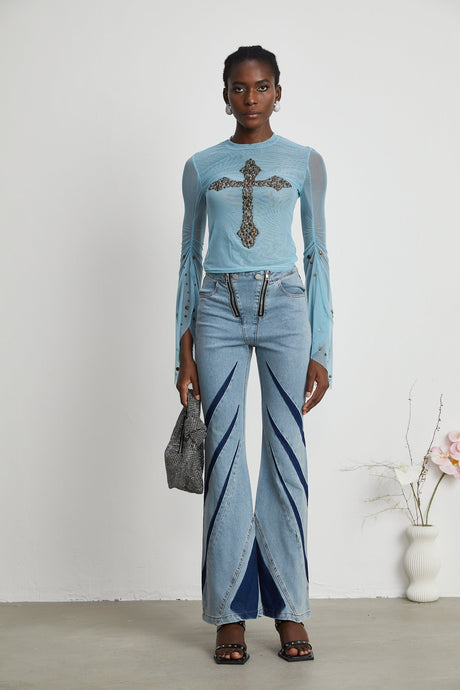 Isabella Top - Long Sleeve - Round Neck - Slit Flare Sleeves - Stud Embellishment