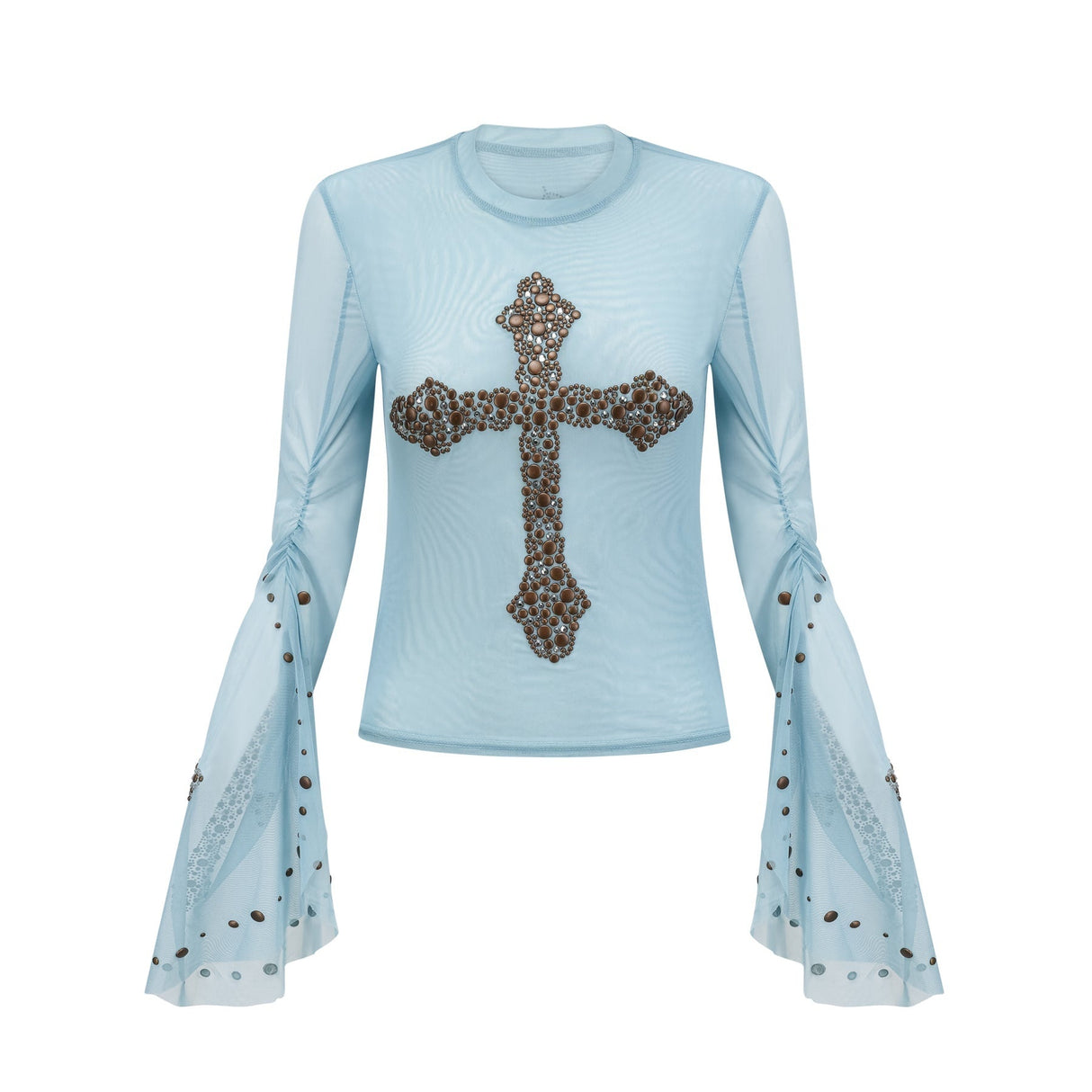 Isabella Top - Long Sleeve - Round Neck - Slit Flare Sleeves - Stud Embellishment