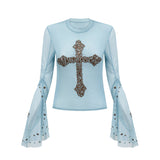 Isabella Top - Long Sleeve - Round Neck - Slit Flare Sleeves - Stud Embellishment