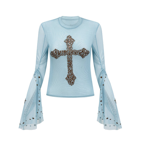 Isabella Top - Long Sleeve - Round Neck - Slit Flare Sleeves - Stud Embellishment