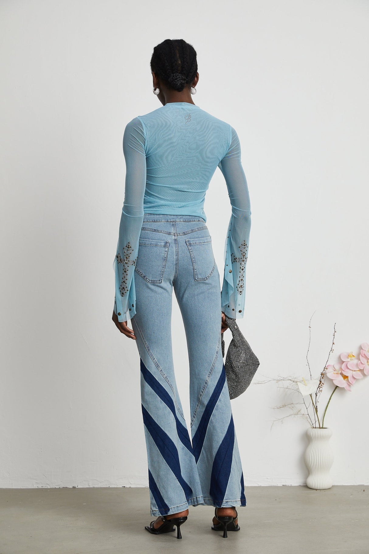 Isabella Top - Long Sleeve - Round Neck - Slit Flare Sleeves - Stud Embellishment