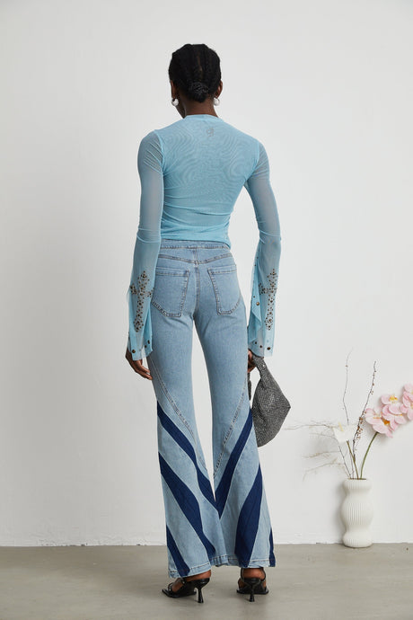 Isabella Top - Long Sleeve - Round Neck - Slit Flare Sleeves - Stud Embellishment