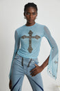 Isabella Top - Long Sleeve - Round Neck - Slit Flare Sleeves - Stud Embellishment