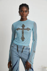 Isabella Top - Long Sleeve - Round Neck - Slit Flare Sleeves - Stud Embellishment