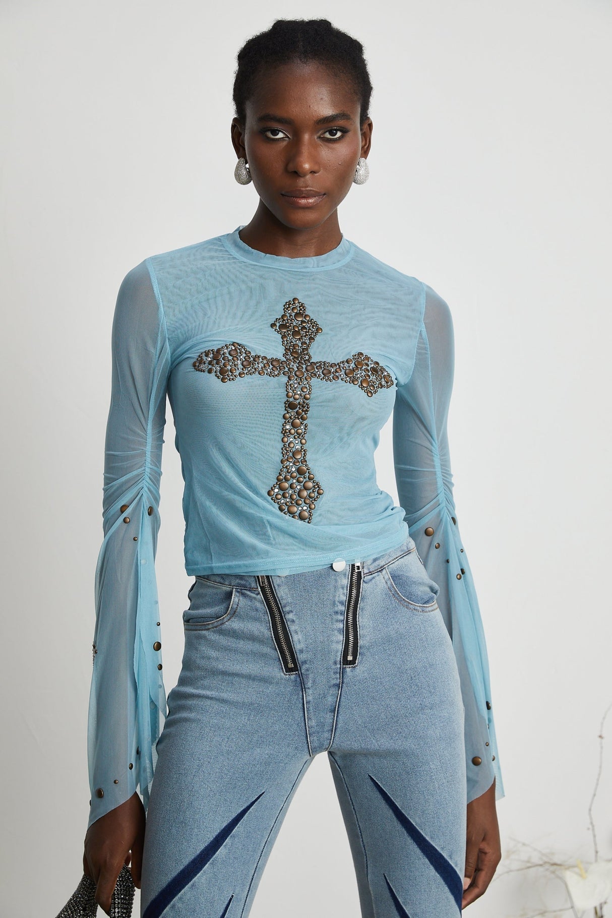 Isabella Top - Long Sleeve - Round Neck - Slit Flare Sleeves - Stud Embellishment