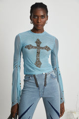 Isabella Top - Long Sleeve - Round Neck - Slit Flare Sleeves - Stud Embellishment