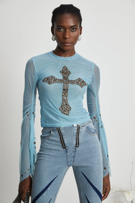 Isabella Top - Long Sleeve - Round Neck - Slit Flare Sleeves - Stud Embellishment