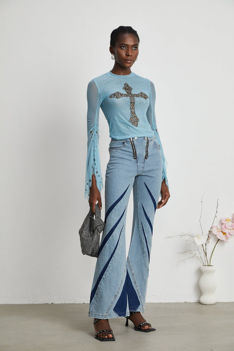 Isabella Top - Long Sleeve - Round Neck - Slit Flare Sleeves - Stud Embellishment