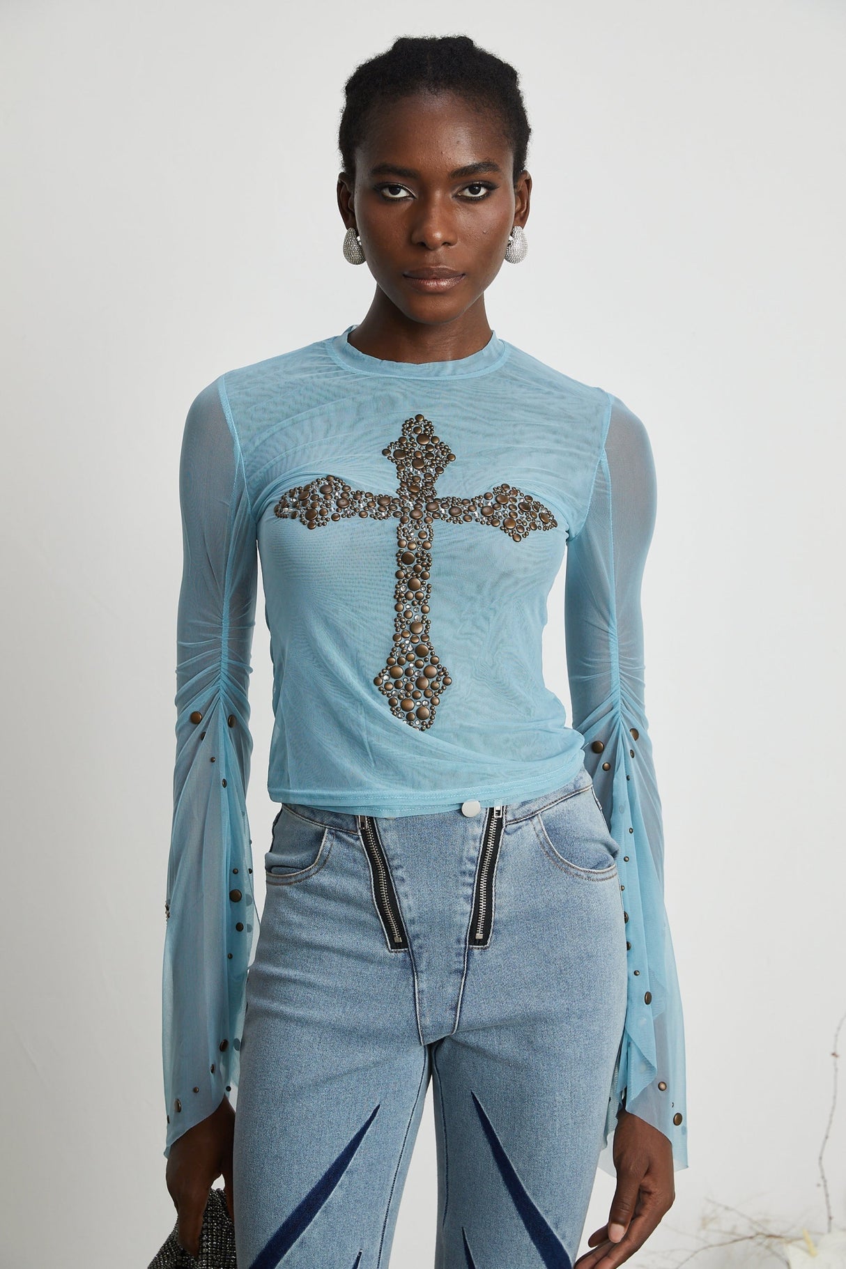 Isabella Top - Long Sleeve - Round Neck - Slit Flare Sleeves - Stud Embellishment