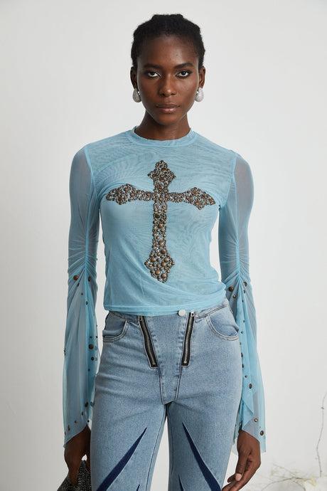 Isabella Top - Long Sleeve - Round Neck - Slit Flare Sleeves - Stud Embellishment