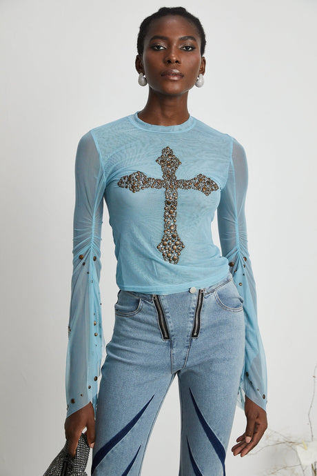 Isabella Top - Long Sleeve - Round Neck - Slit Flare Sleeves - Stud Embellishment