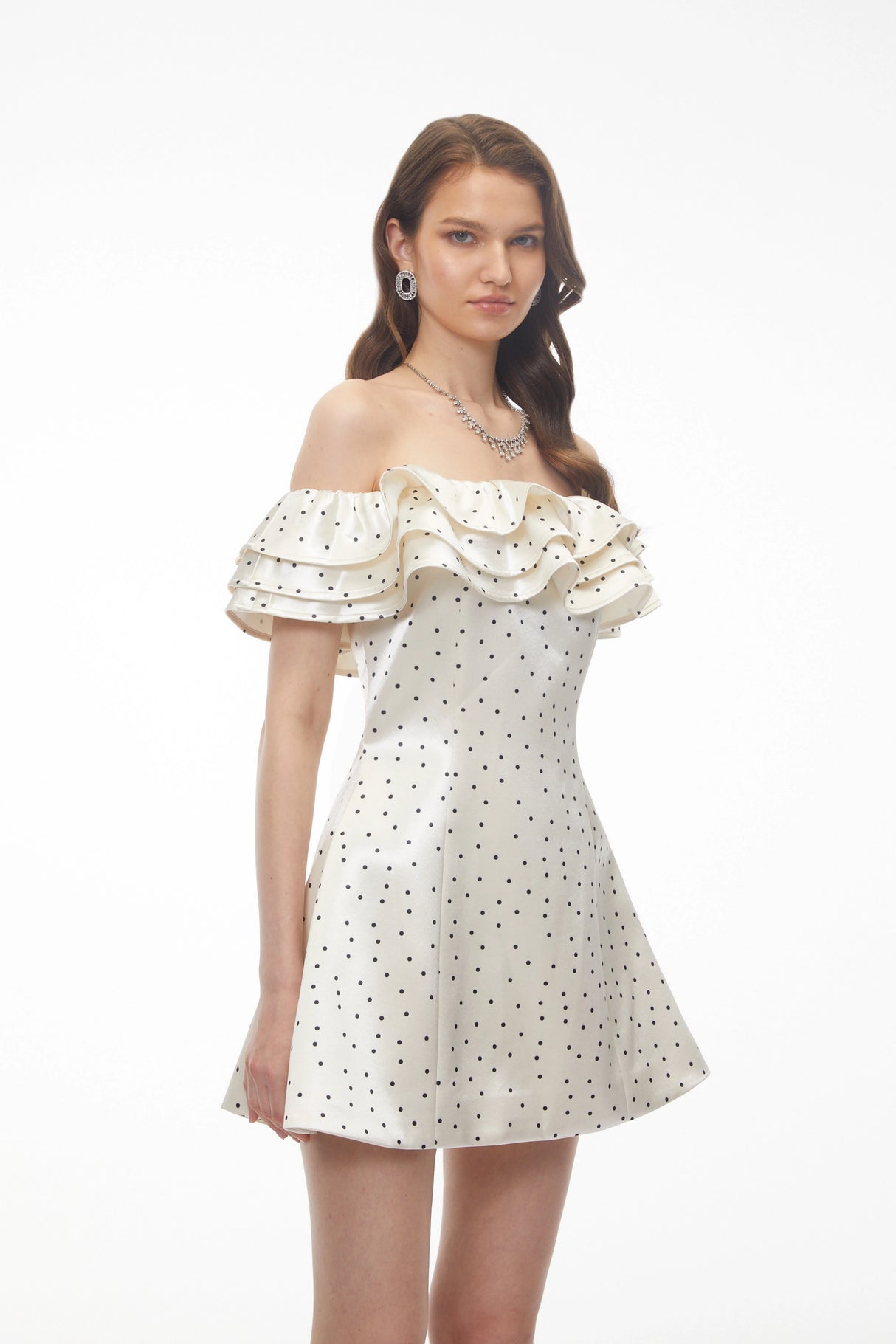 Isabella White Off Shoulder Polka Dot Ruffled Mini Dress