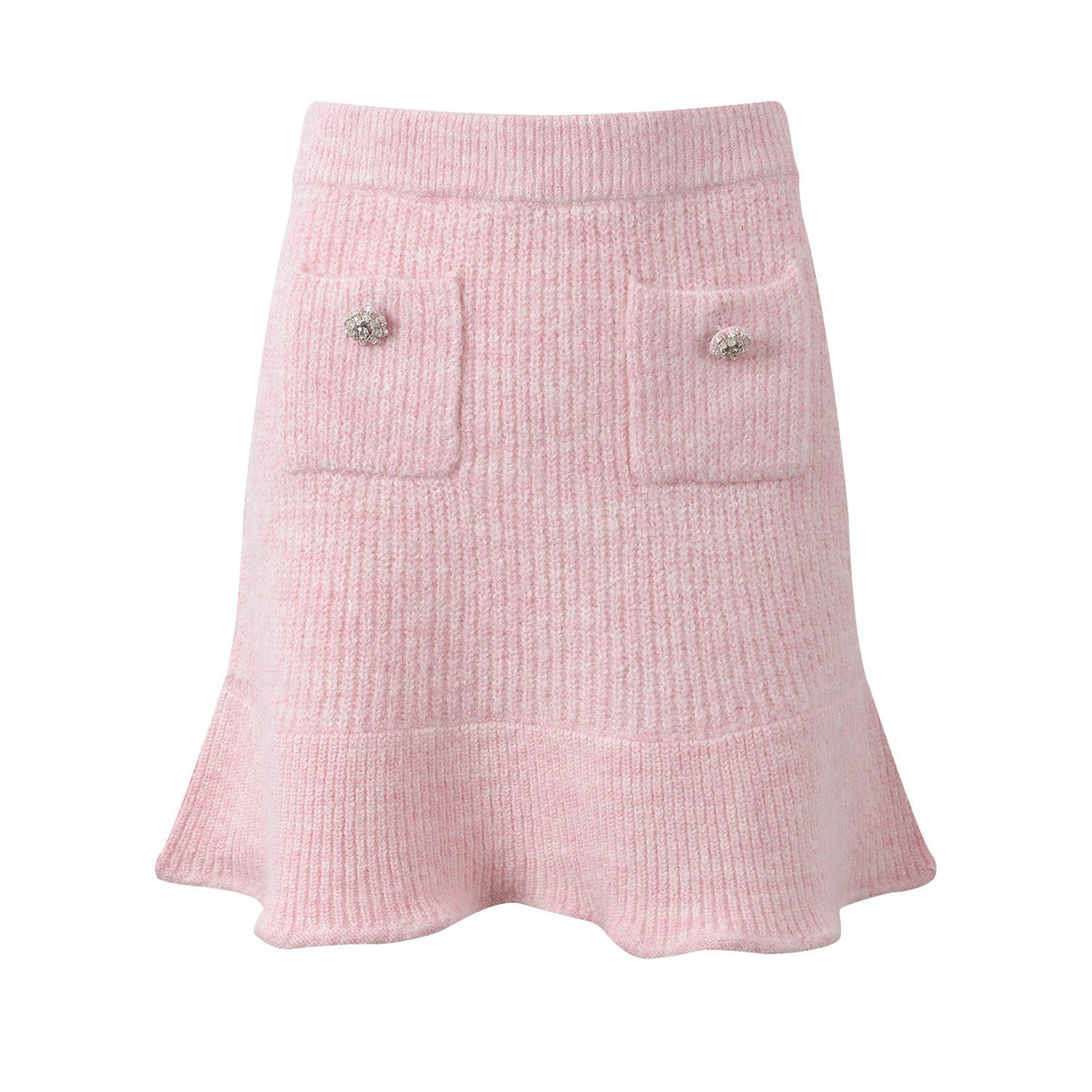 Pastel pink knit cardigan with lace collar and crystal buttons paired with a matching flared skirt
