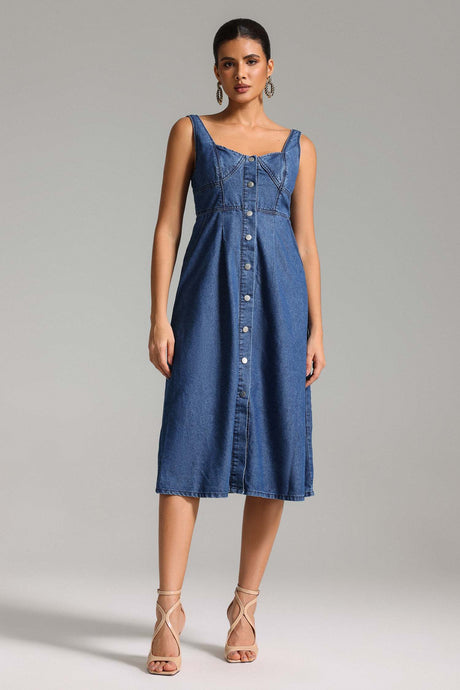 Isabelle Blue Denim Fit and Flare Dress with Button Front Detailing