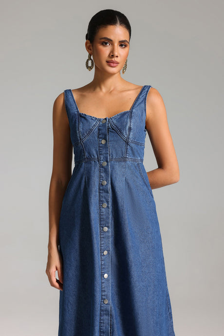 Isabelle Blue Denim Fit and Flare Dress with Button Front Detailing and Scoop Neckline