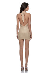 Isabelle Champagne Cowl Neck Rhinestone Mini Dress