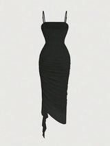 Isabelle Midi Dress - Spaghetti Strap Neckline - Asymmetrical Hem - Cami Style - Ruched Details - Elegant