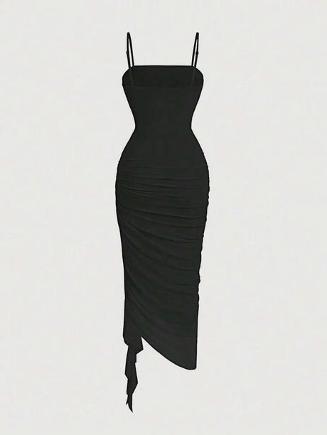 Isabelle Midi Dress - Spaghetti Strap Neckline - Asymmetrical Hem - Cami Style - Ruched Details - Elegant