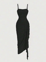 Isabelle Midi Dress - Spaghetti Strap Neckline - Asymmetrical Hem - Cami Style - Ruched Details - Elegant