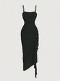 Isabelle Midi Dress - Spaghetti Strap Neckline - Asymmetrical Hem - Cami Style - Ruched Details - Elegant